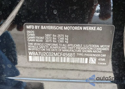 2021 BMW 750I xDrive from USA, damaged, VIN WBA7U2C02MCF45681